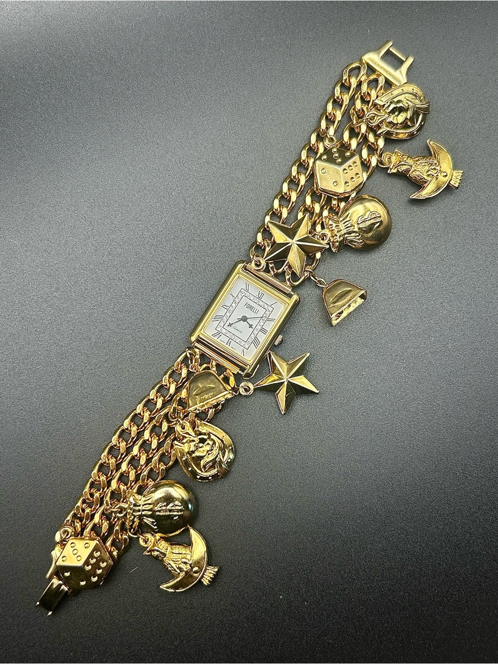 Gold Tone Lucky Charm Bracelet Watch - Wide Thick Chain - Star, Bell, Owl, Dice